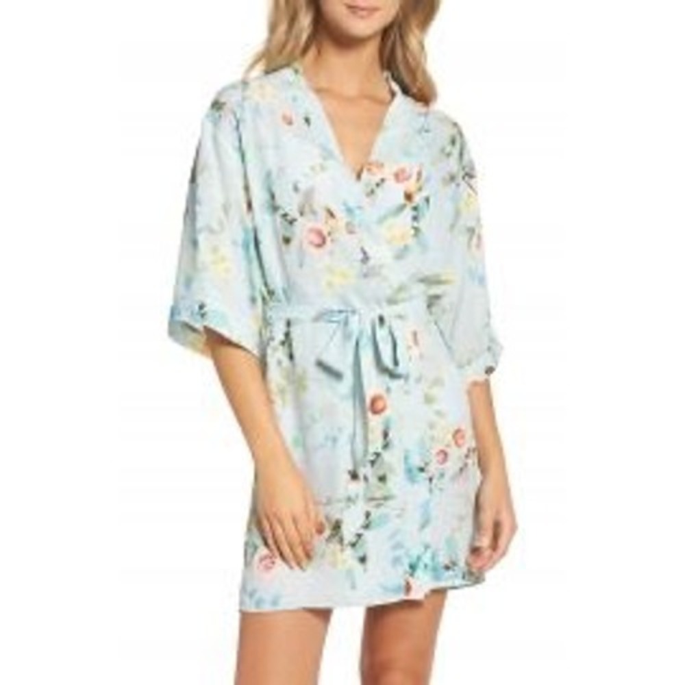 Flora Nikrooz Robe Small Blue Floral Bird Print Short Belted Chiffon Q80608